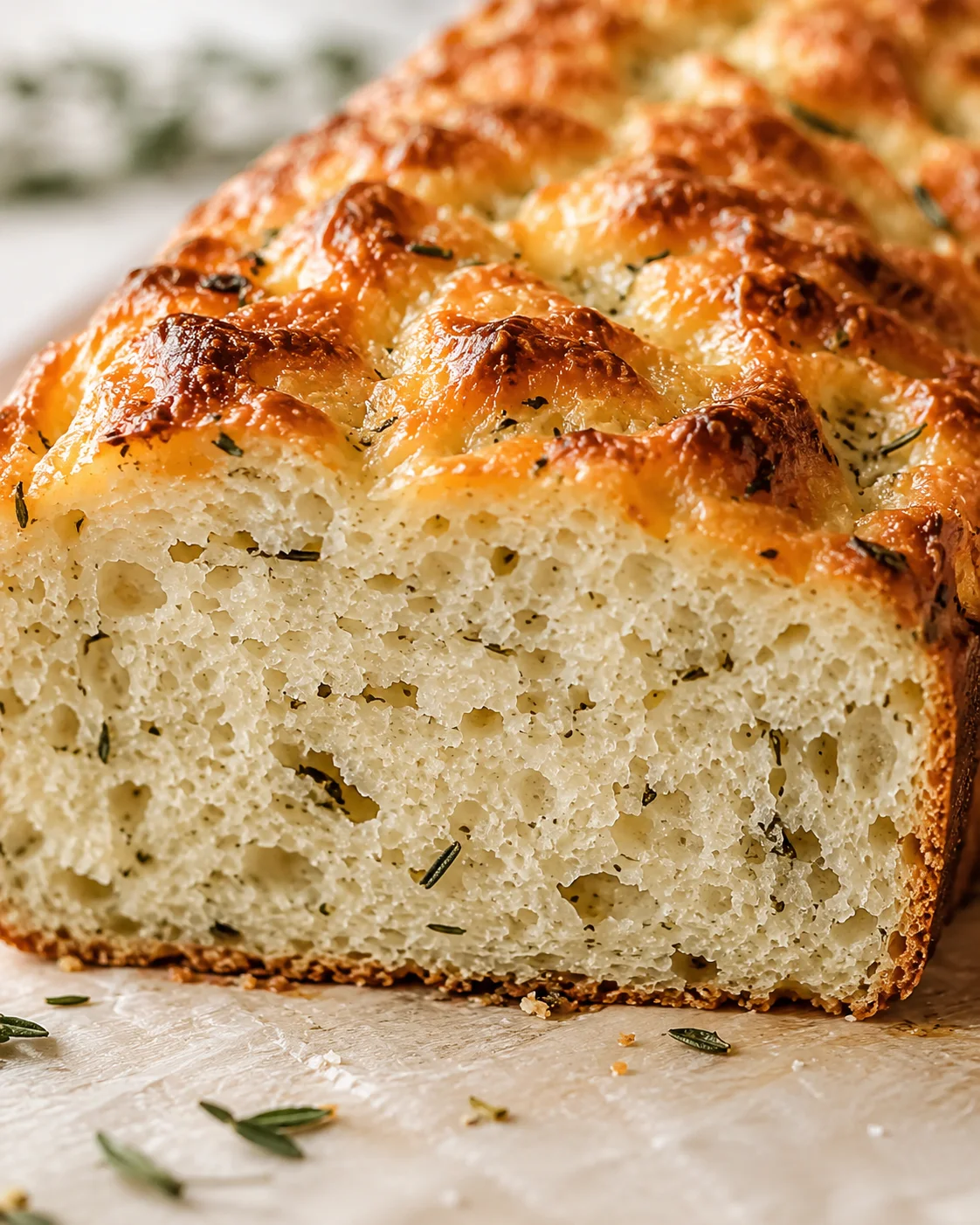 Close-up of a golden-brown rosemary bread loaf with an airy crumb.