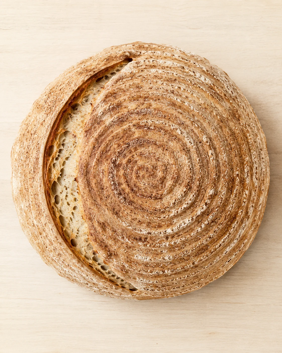 top-down view of a round, crusty sourdough loaf with spiral scoring on a light wooden surface
