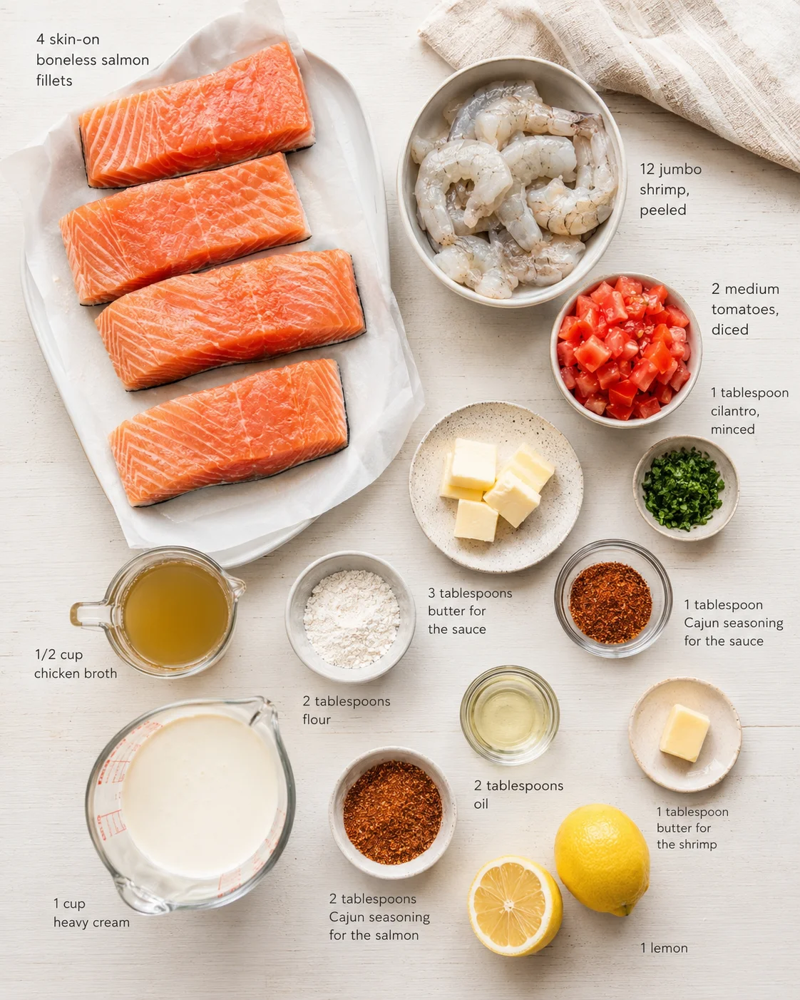 Top-down view of salmon fillets, shrimp, tomatoes, herbs, butter, and dairy ingredients for a recipe.