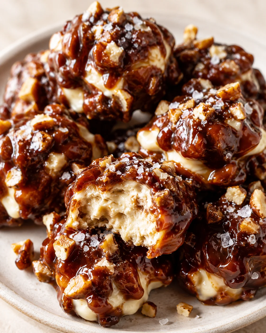 Close-up of bite-sized dessert balls coated in glossy caramel with chopped nuts and flaky salt.
