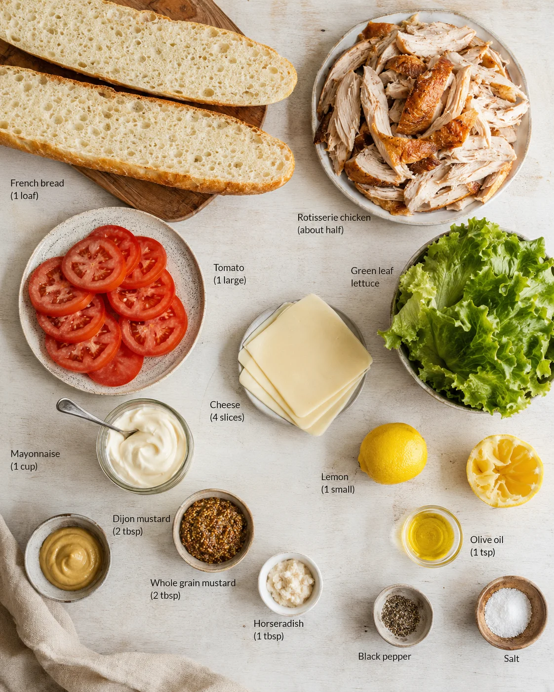 Overhead layout of sandwich ingredients: bread, rotisserie chicken, tomatoes, lettuce, cheese, sauces, and seasonings.