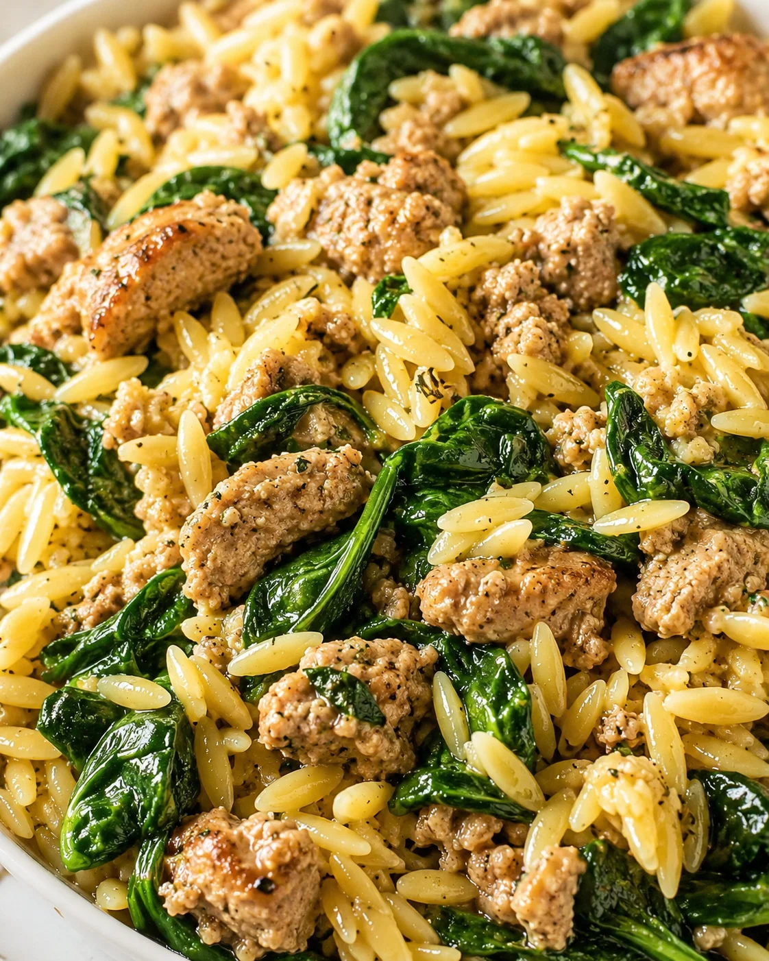 Close-up of orzo pasta with sausage crumbles and wilted spinach in a glossy sauce