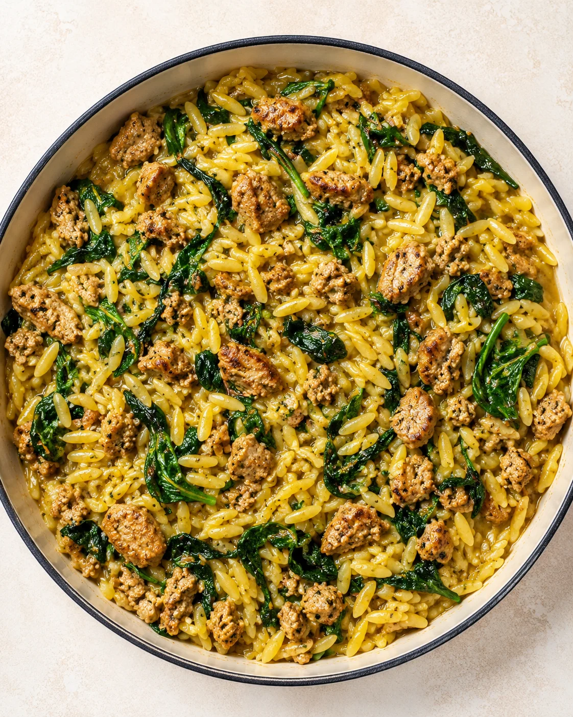 Creamy orzo with browned sausage and wilted spinach in a round skillet