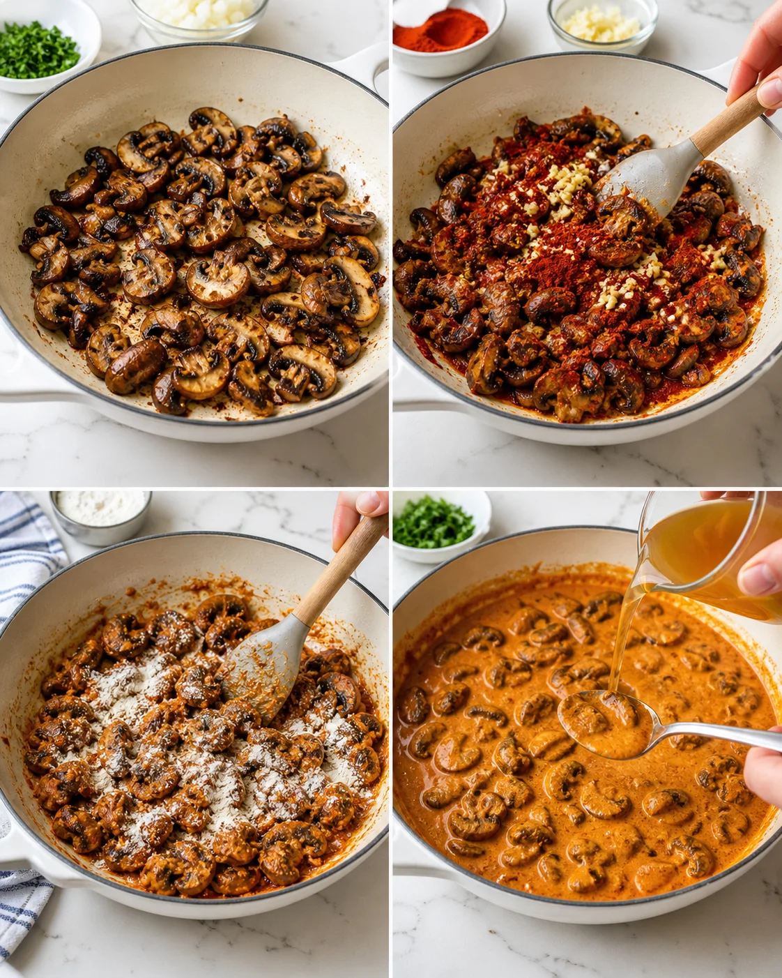 Collage showing mushrooms browning, adding spices, and forming a sauce in a white skillet.