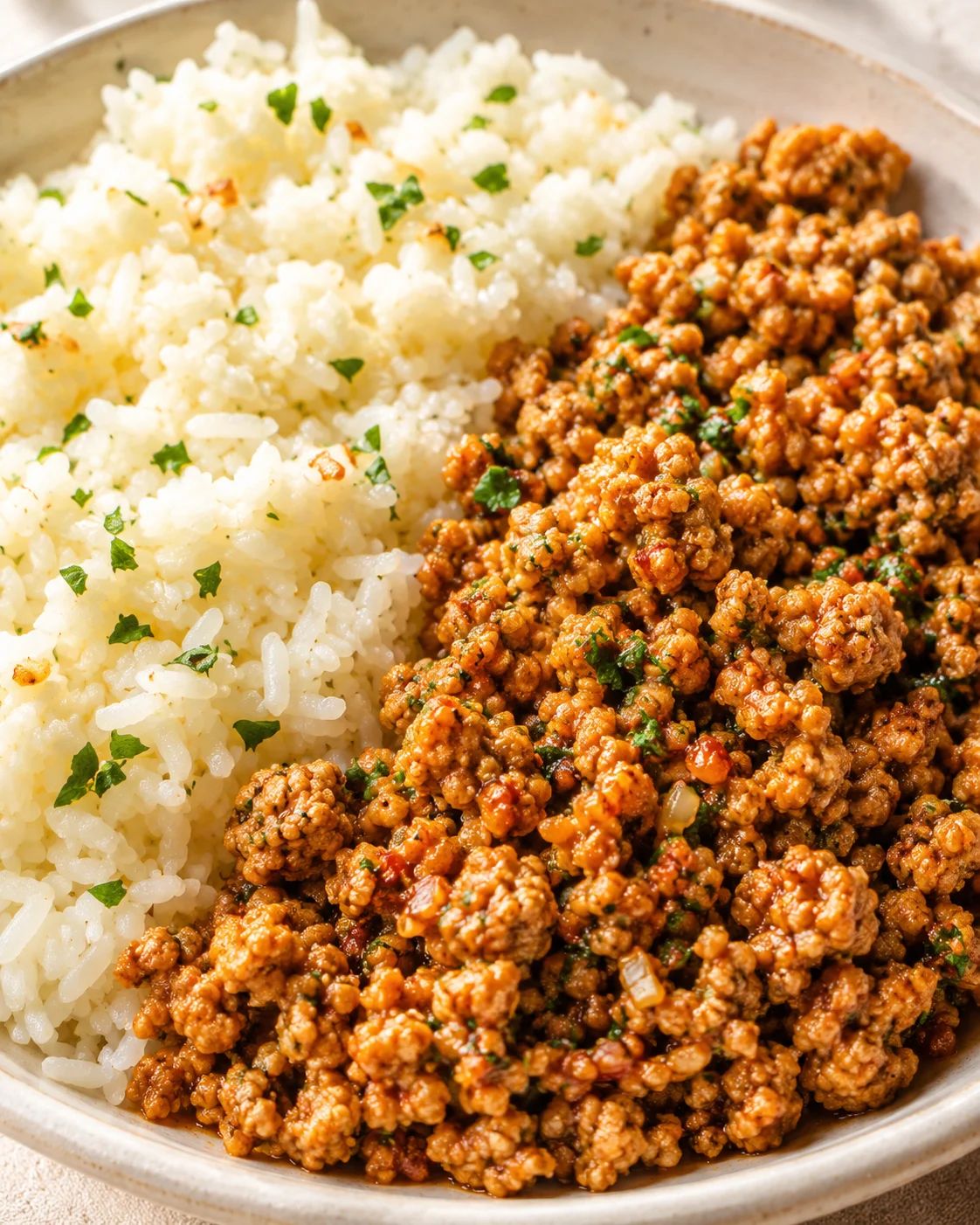 Close-up of fluffy white rice with ground beef and parsley on a warm ceramic plate.