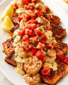 Plate of seared salmon with shrimp, creamy sauce, tomatoes, and lemon wedges.