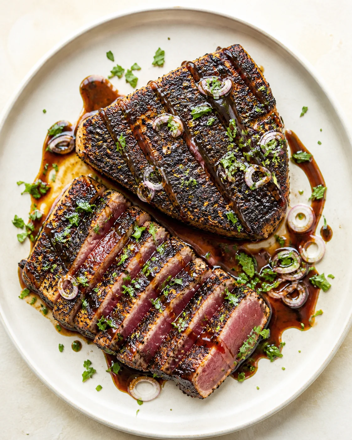 Two thick, pepper-crusted steak slices with onion rings, drizzled sauce, and chopped parsley on a light plate.