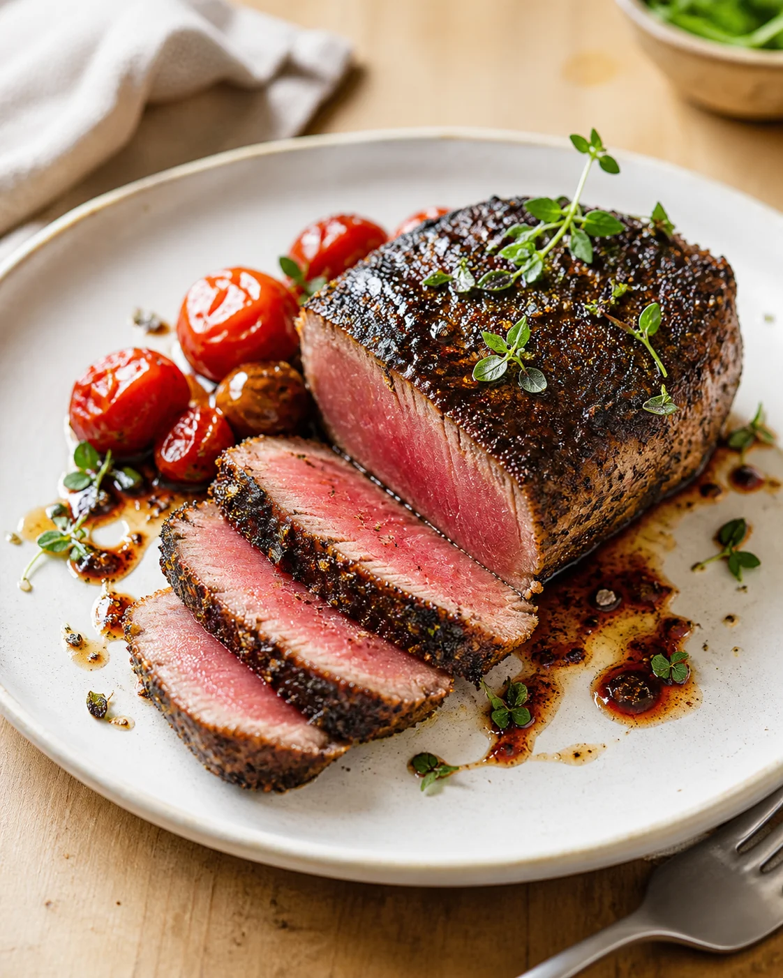 Thick pepper-crusted steak sliced to reveal a pink center, plated with blistered tomatoes and fresh herbs.