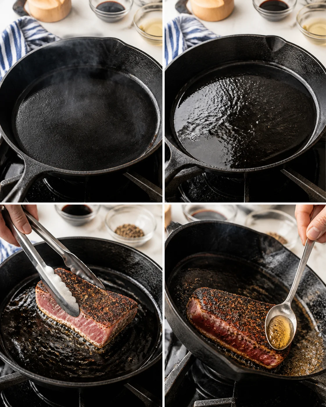 collage of a thick steak being seared in a black cast-iron skillet with nearby spices