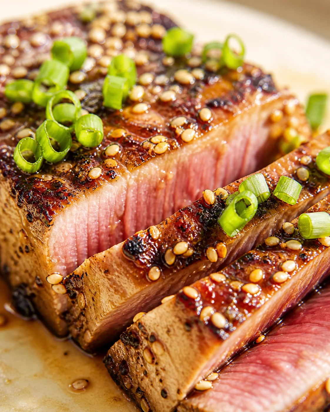 Close-up of sesame-seeded steak slices topped with green onion curls.
