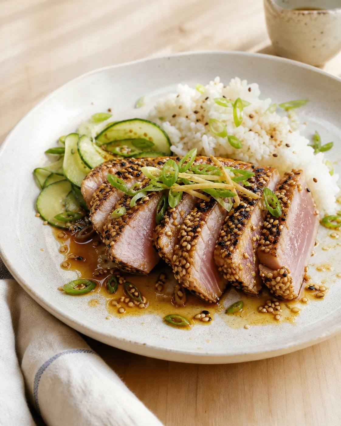 Slices of sesame-crusted tuna with rice, cucumber, and scallions on a beige plate.