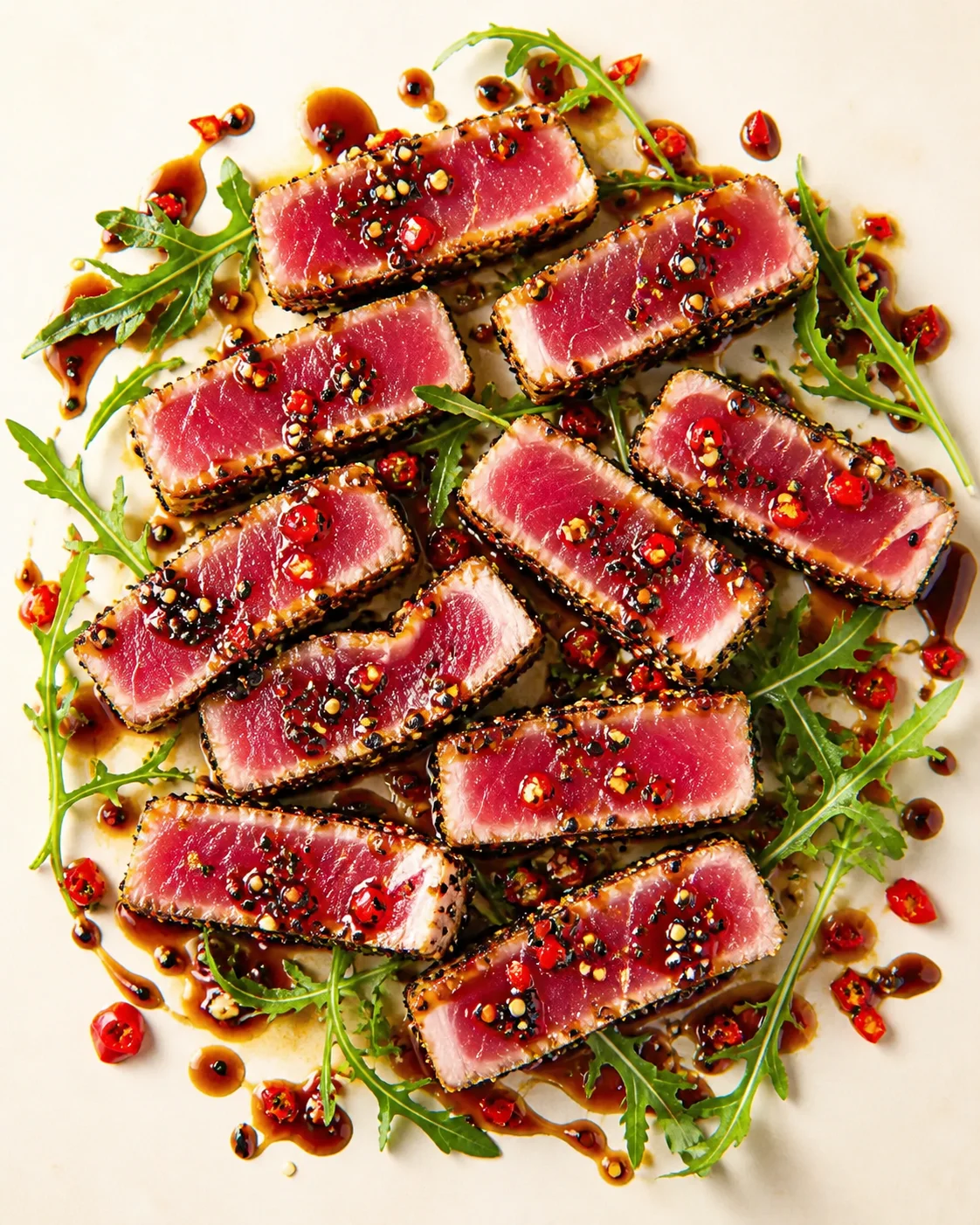 pink-centered sesame-crusted tuna slices fanned on a plate with arugula and glossy sauce