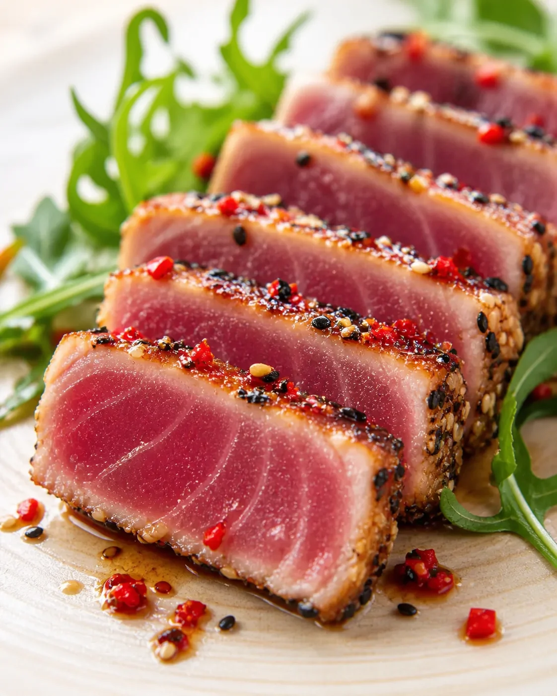 Slices of sesame-crusted seared tuna arranged on a wooden board with greens
