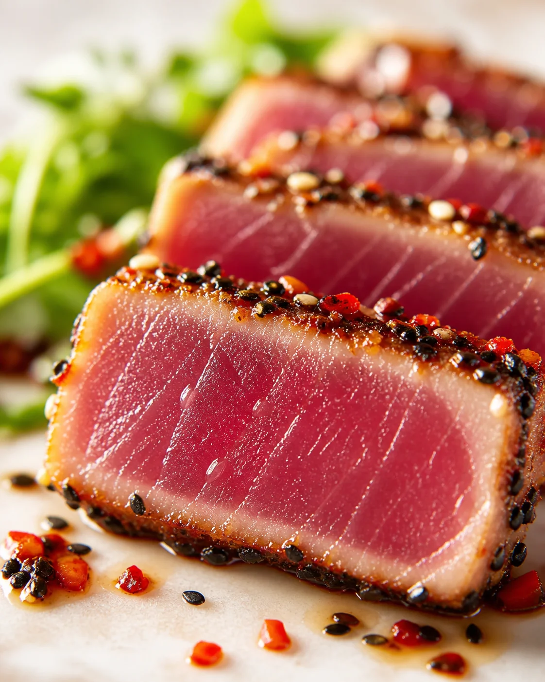 sesame-crusted seared tuna slices with pink center on a light plate, greens in the background