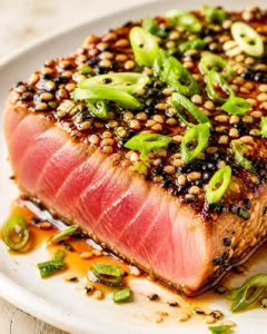Close-up of sesame-crusted seared tuna with green onion garnish on a plate.