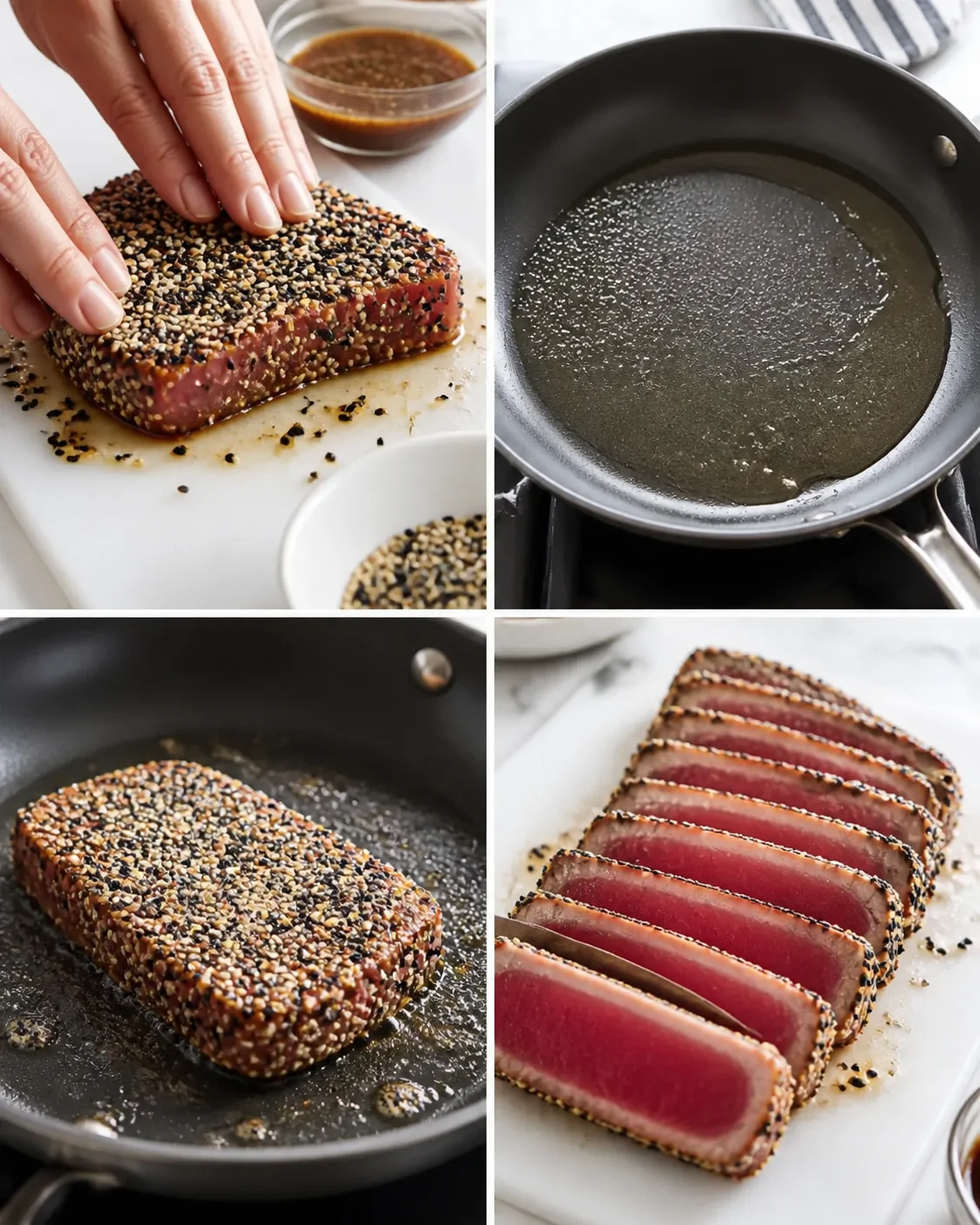 collage of sesame-crusted tuna being pressed, seared, and sliced into pink-centered portions