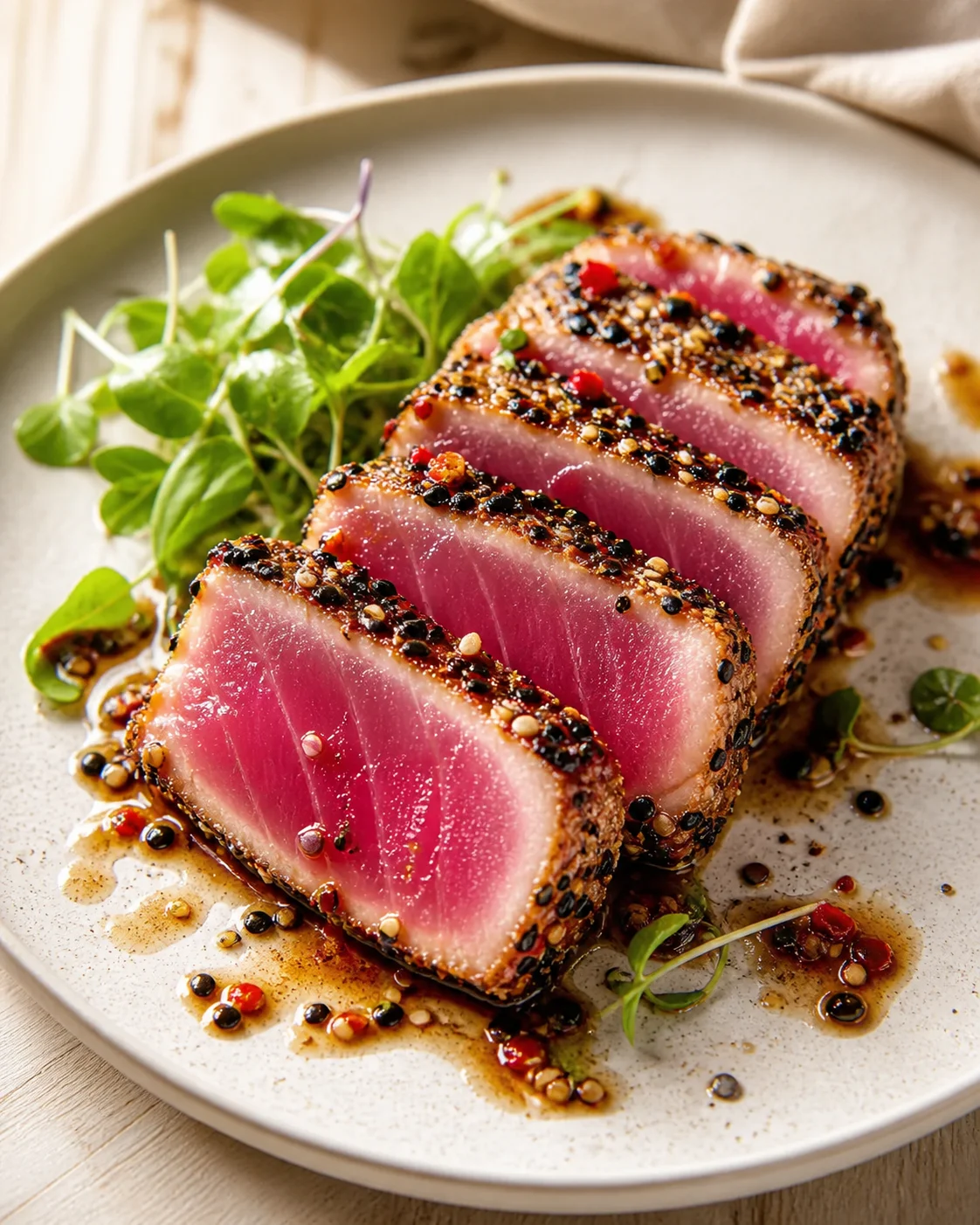 Slices of sesame-crusted tuna with pink centers on a plate, garnished with greens.
