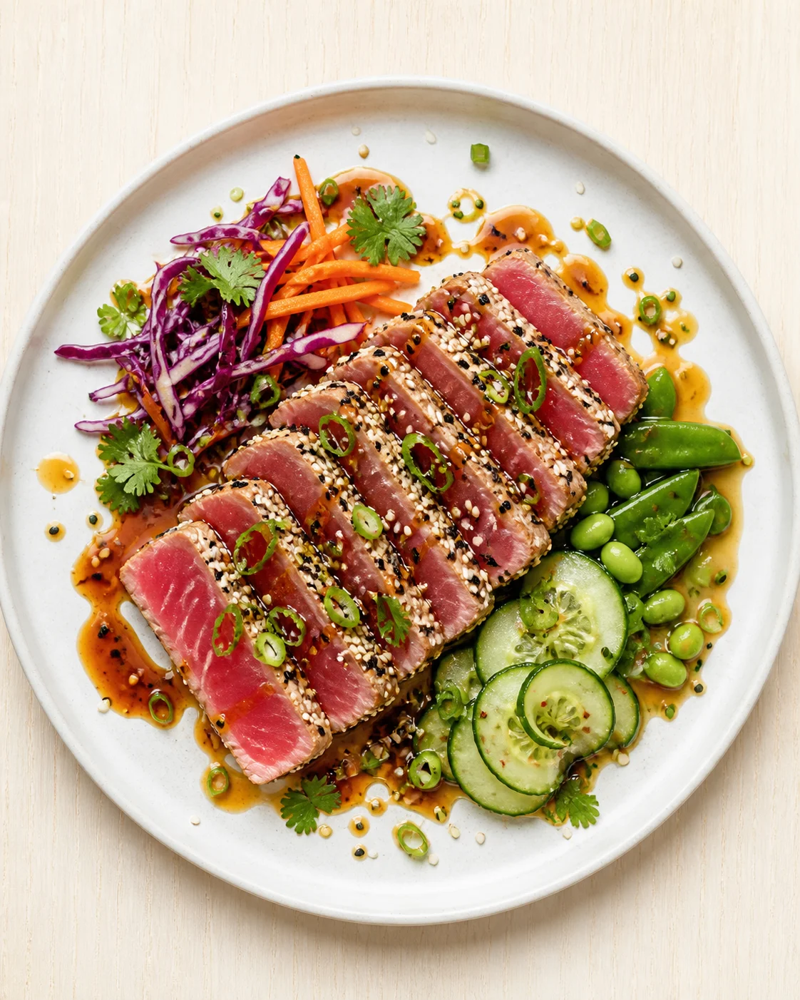 Seared sesame-crusted tuna with cucumber, edamame, cabbage, and carrot on a white plate.