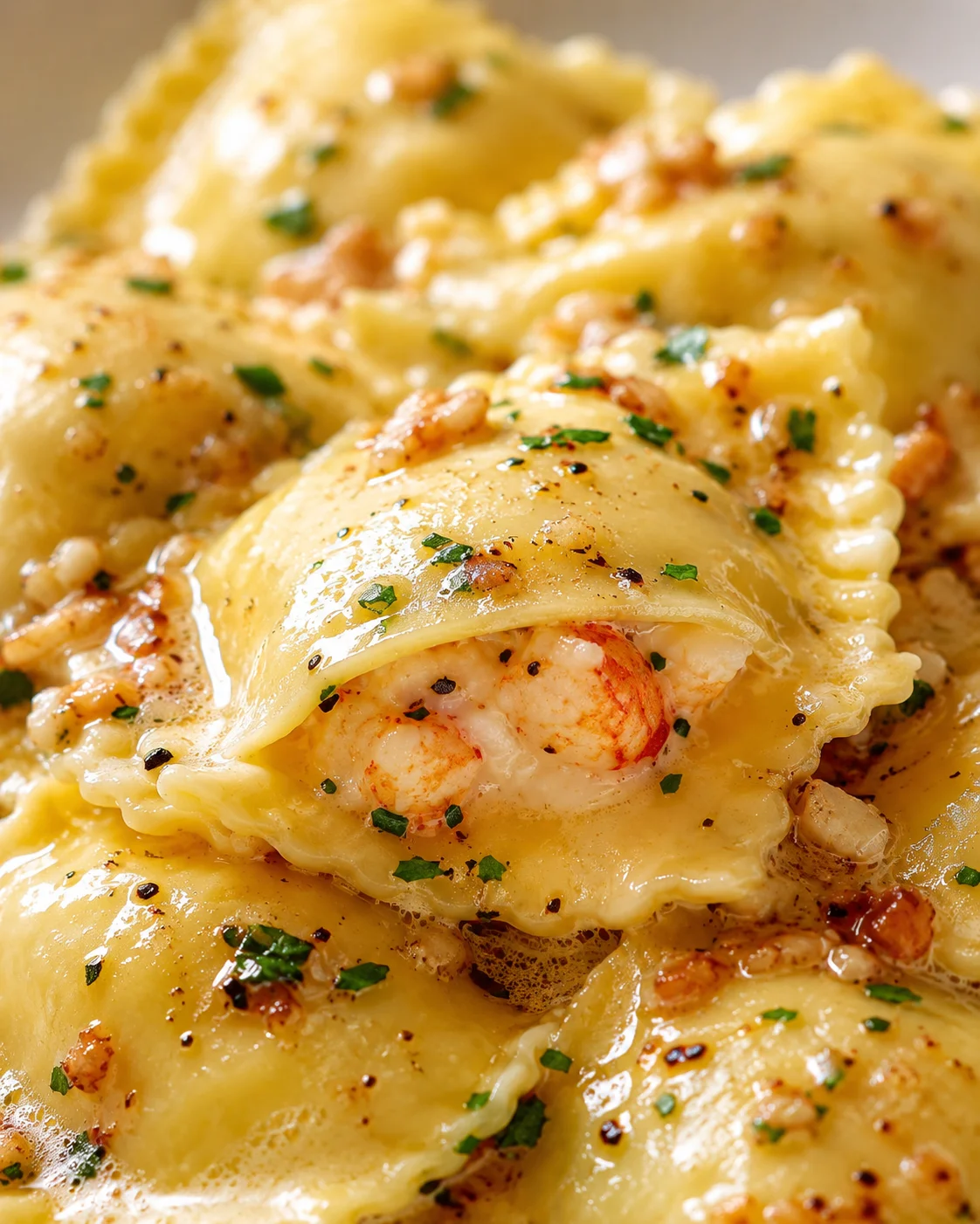 close-up of shrimp-filled ravioli in glossy brown-butter sauce with parsley