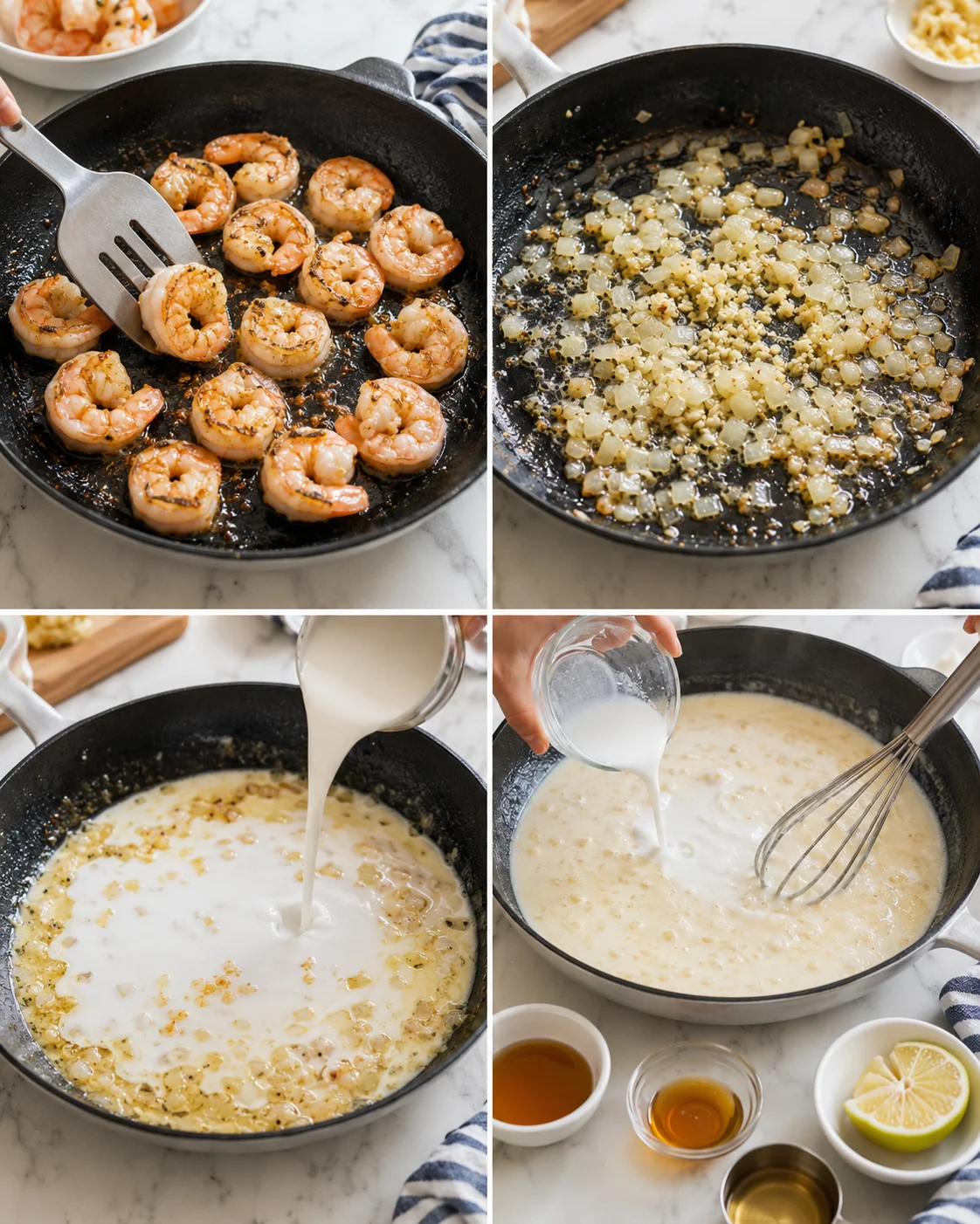 Four-panel collage showing shrimp sauté, diced onions, pouring cream into the pan, and whisking a creamy sauce.