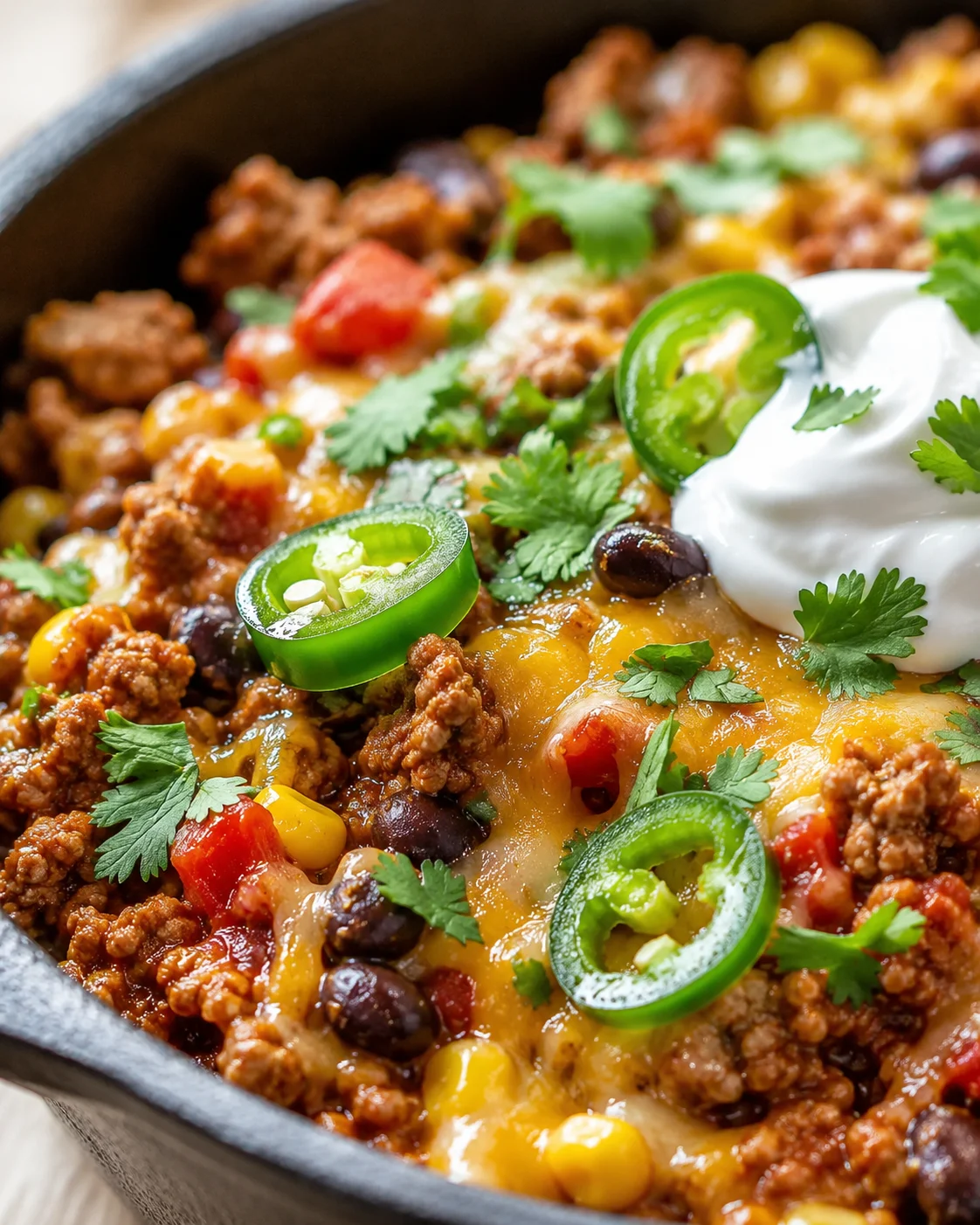 Close-up of a skillet chili topped with sour cream, jalapeño rings, and cilantro.