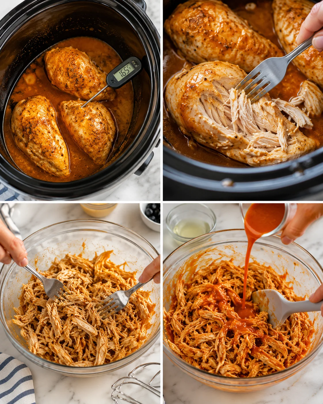 Four-panel collage of slow-cooker chicken: cooking, shredding, and saucing process.
