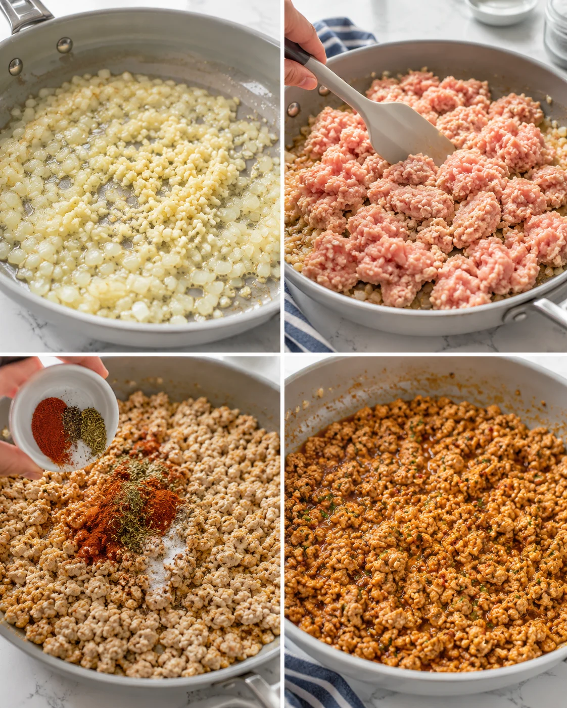 collage of four panels: onions sautéing, pink ground beef, spices being added, and browned meat.