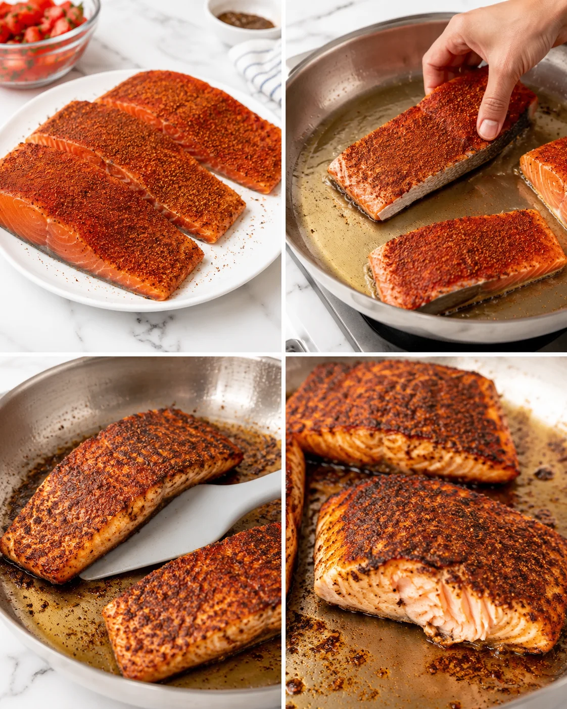 four-panel collage showing seasoned salmon fillets being prepared and seared in a skillet.