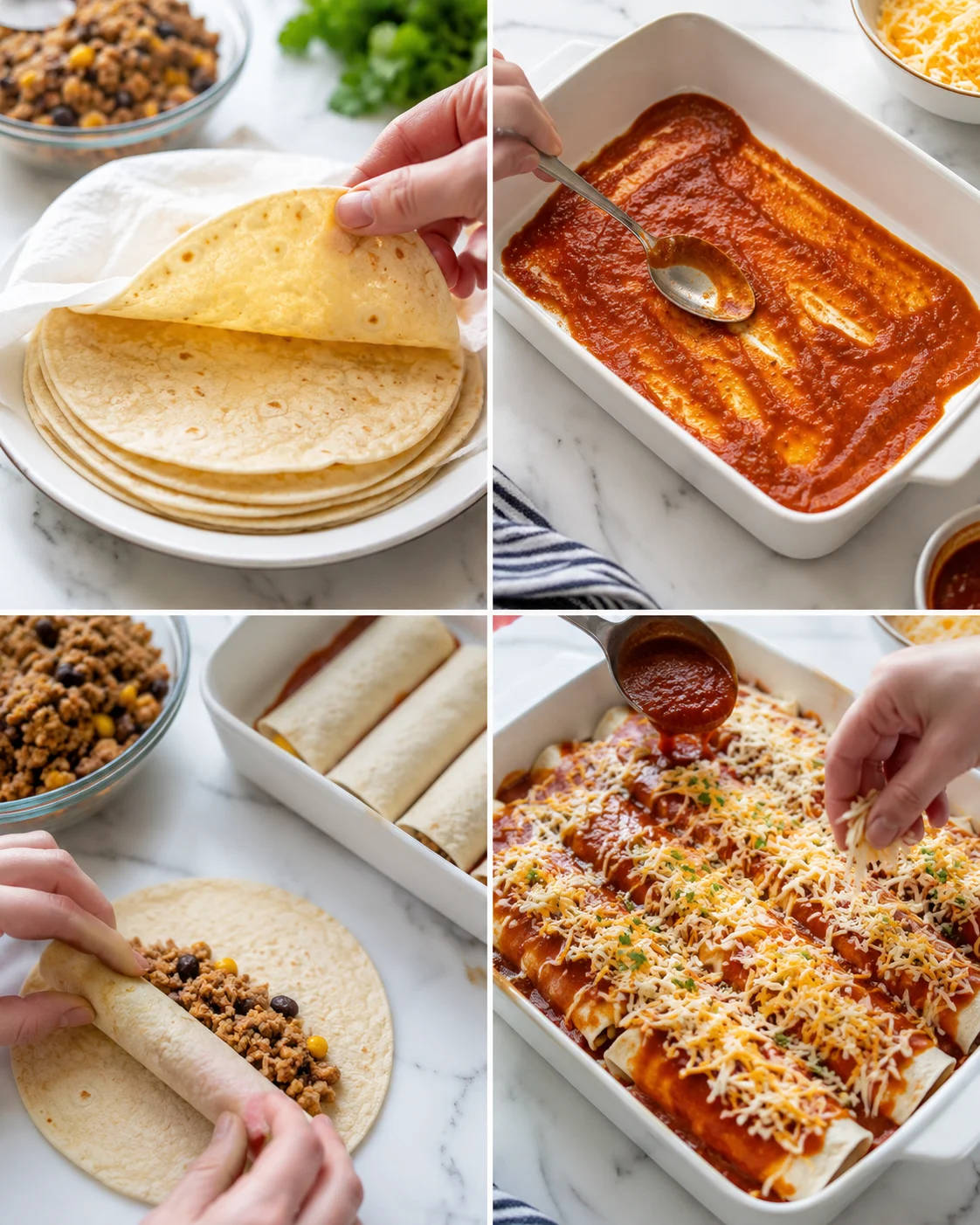 collage of four panels showing tortillas being filled and rolled, sauce-drenched enchiladas, and cheese topping