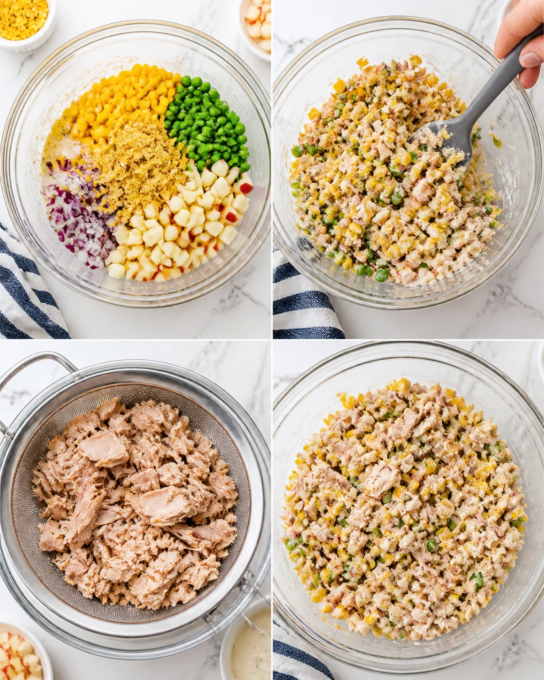 four-panel collage showing tuna salad prep: corn, peas, onion, breadcrumbs, and drained tuna