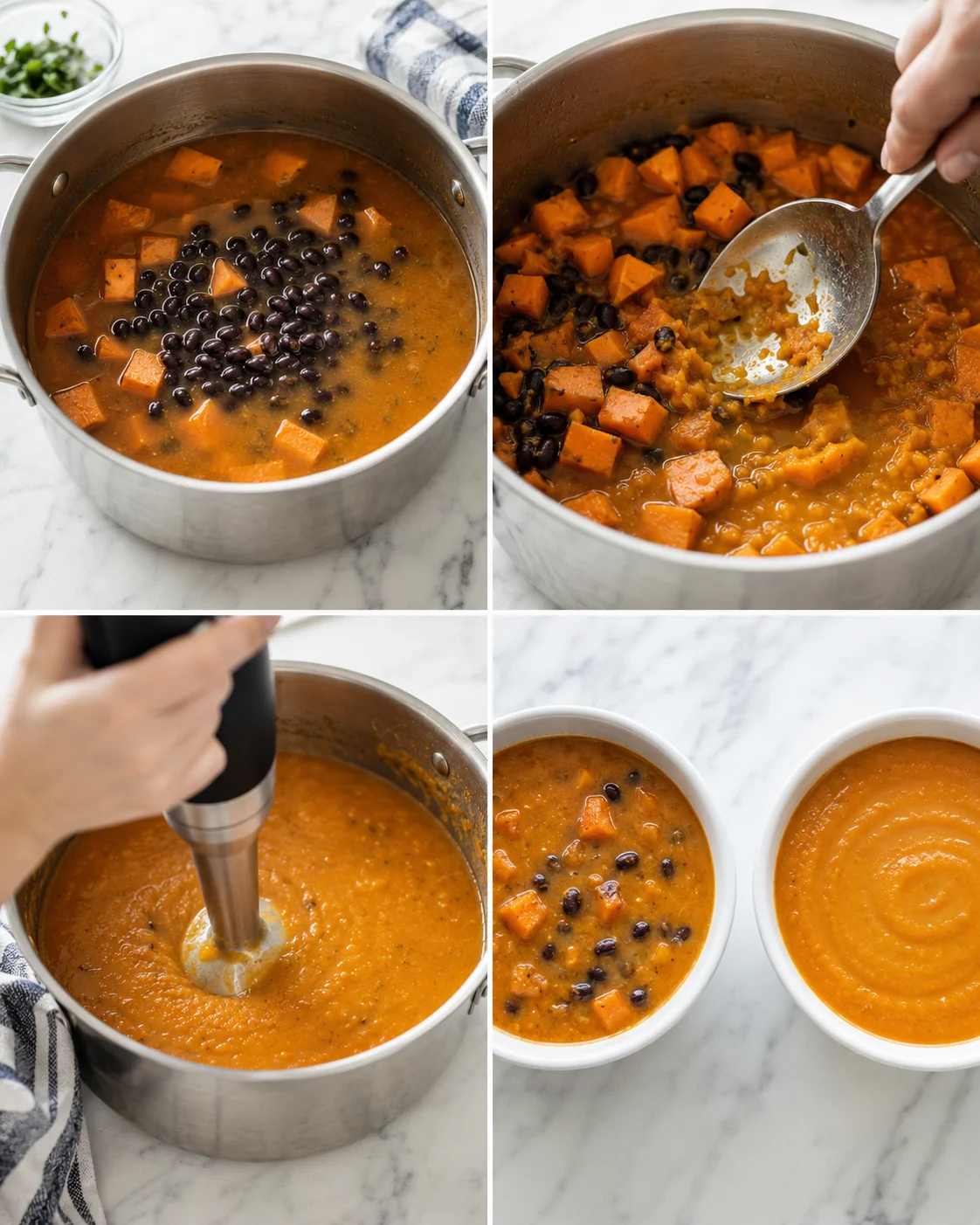 Collage of orange sweet-potato and black-bean soup in a pot, being blended, with finished bowls.