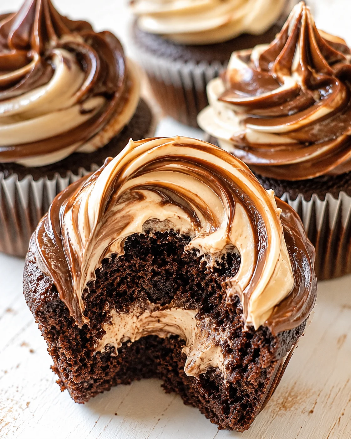 Close-up of a chocolate cupcake with chocolate and vanilla swirled frosting, bite taken to reveal moist crumb.