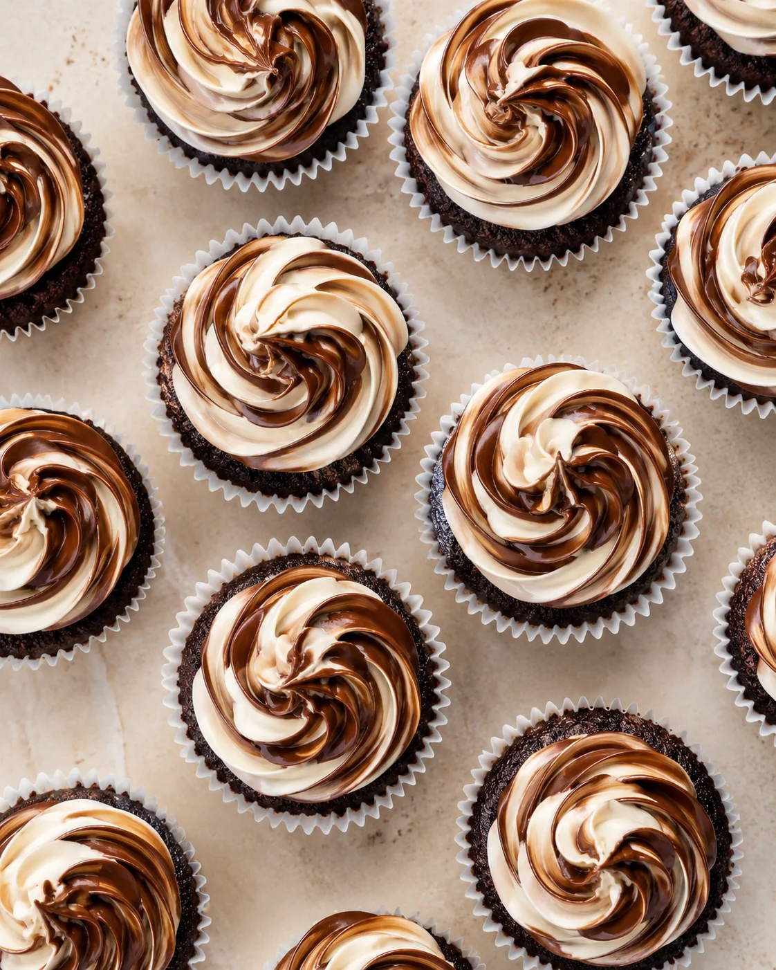 top-down view of chocolate cupcakes with marbled chocolate-vanilla frosting in white liners