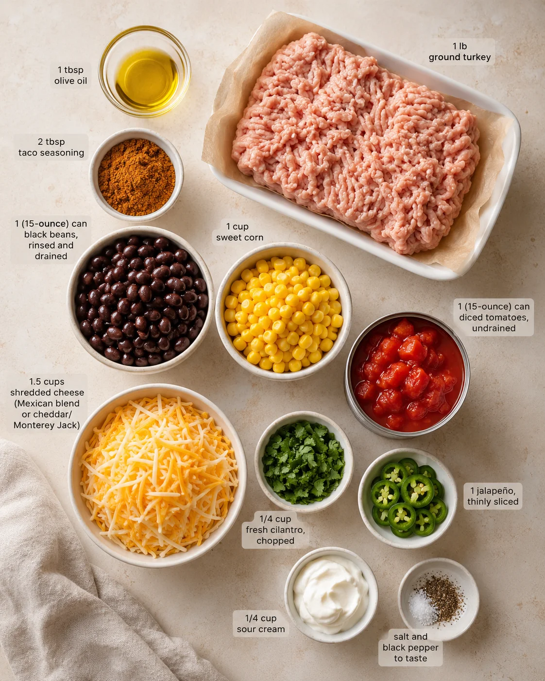 Top-down layout of taco ingredients: ground turkey, beans, corn, tomatoes, jalapeño, cheese, and toppings.