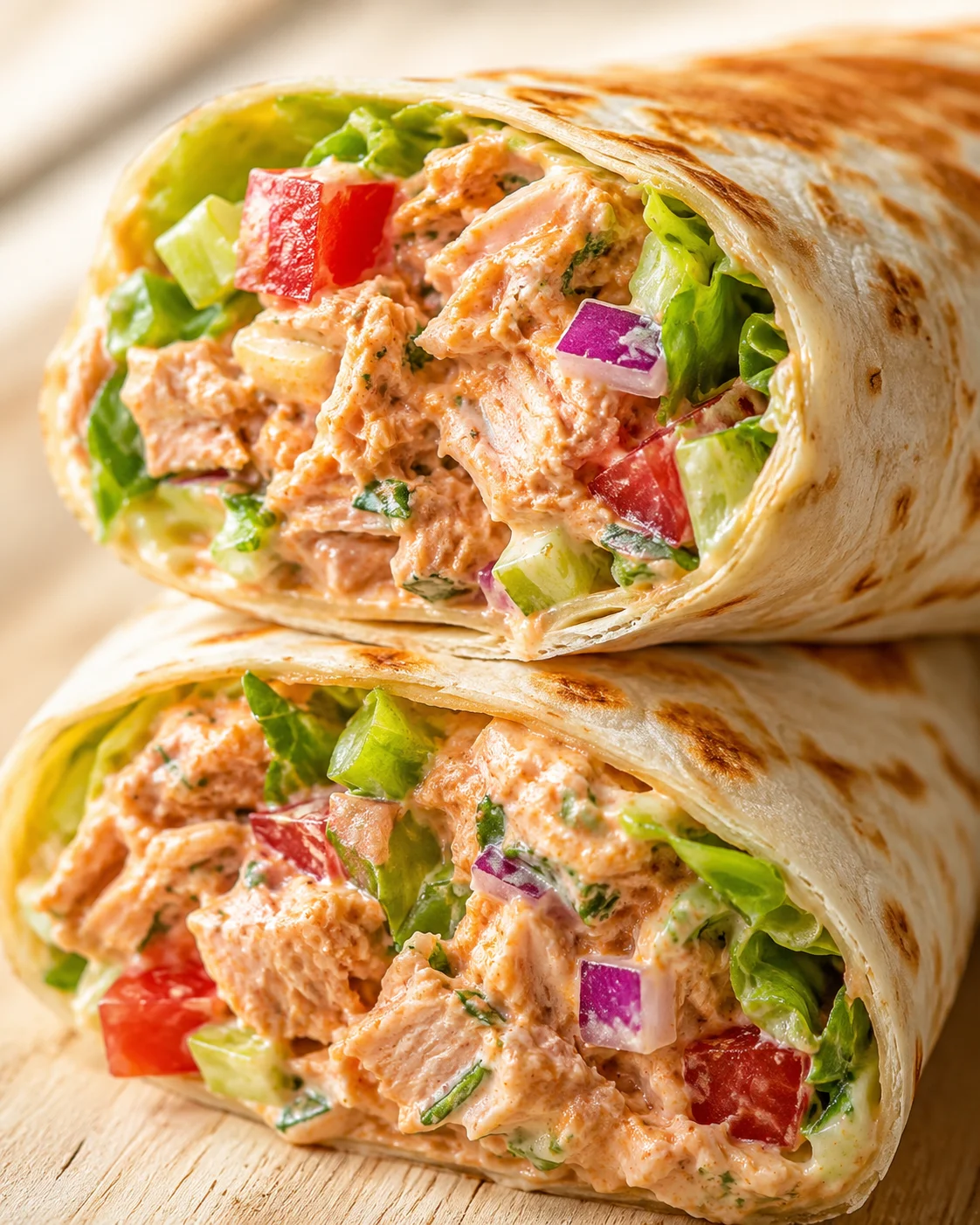Two cut wraps filled with creamy chicken salad and colorful vegetables on a wooden surface.