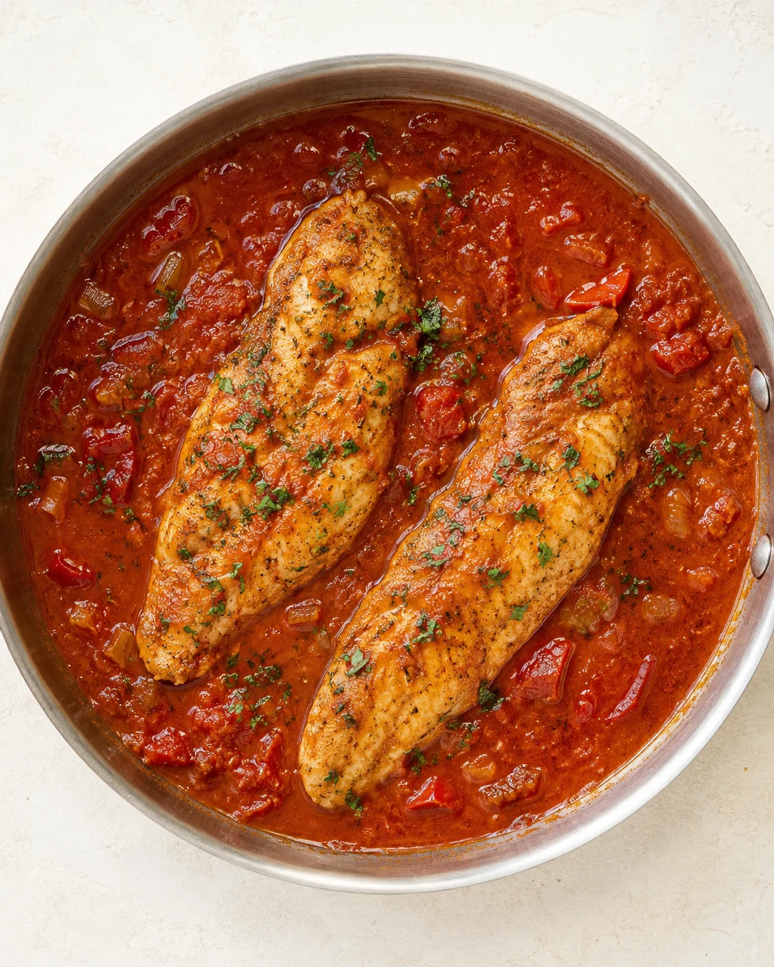 Two browned chicken breasts in a chunky tomato sauce with parsley in a stainless steel skillet.