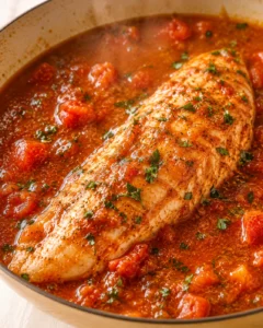 thick white fish fillet in chunky tomato sauce with herbs in a skillet