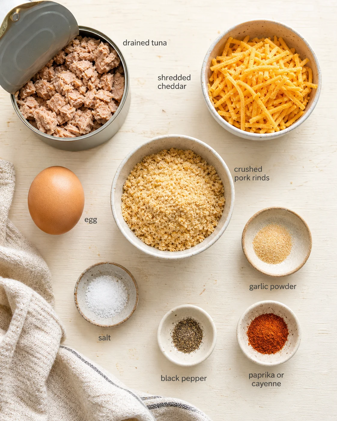 Overhead view of labeled ingredients for a tuna-cheddar recipe on a light wooden surface.