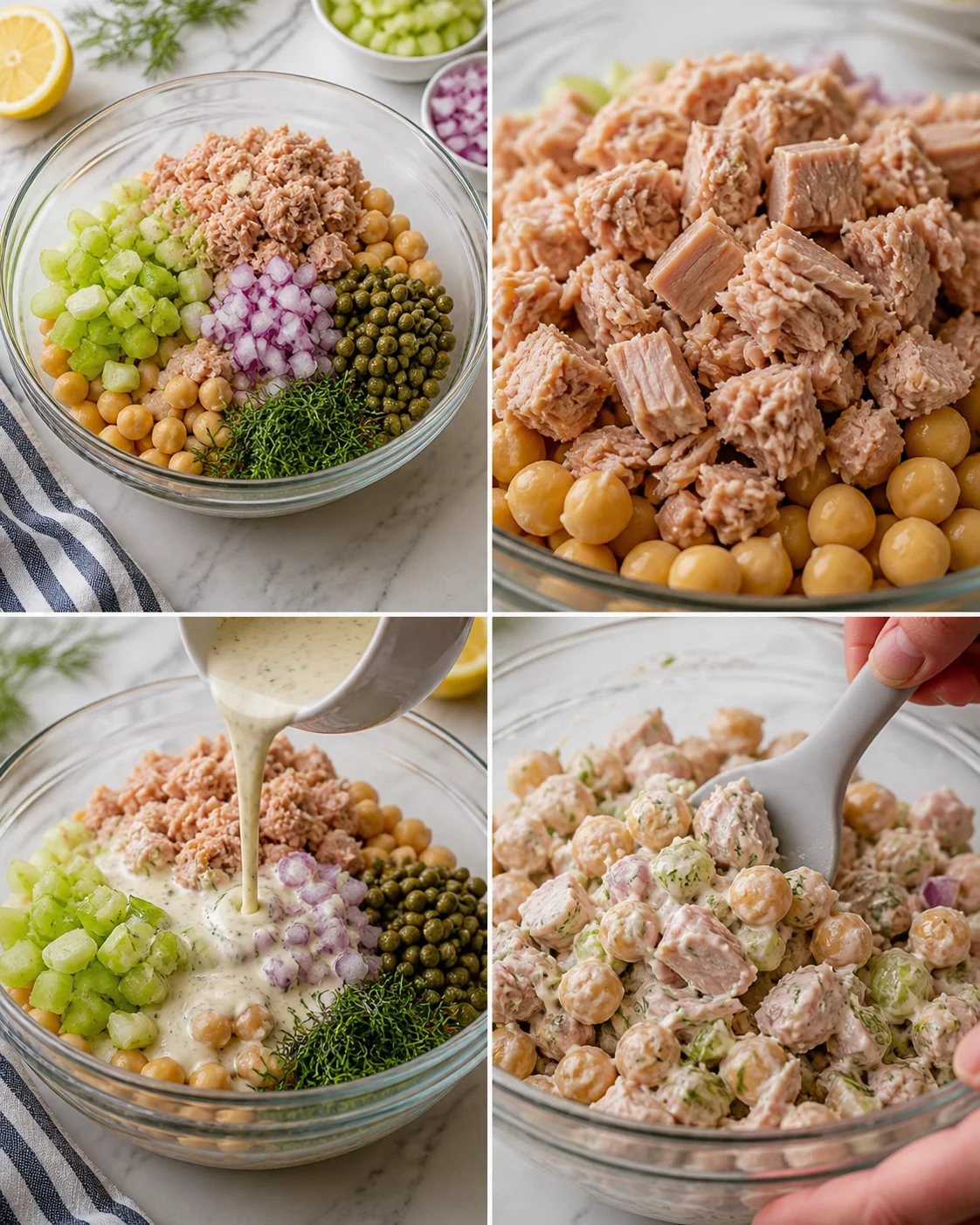 glass bowl with tuna-chickpea salad ingredients arranged for steps; collage shows prep, mixing, and dressing