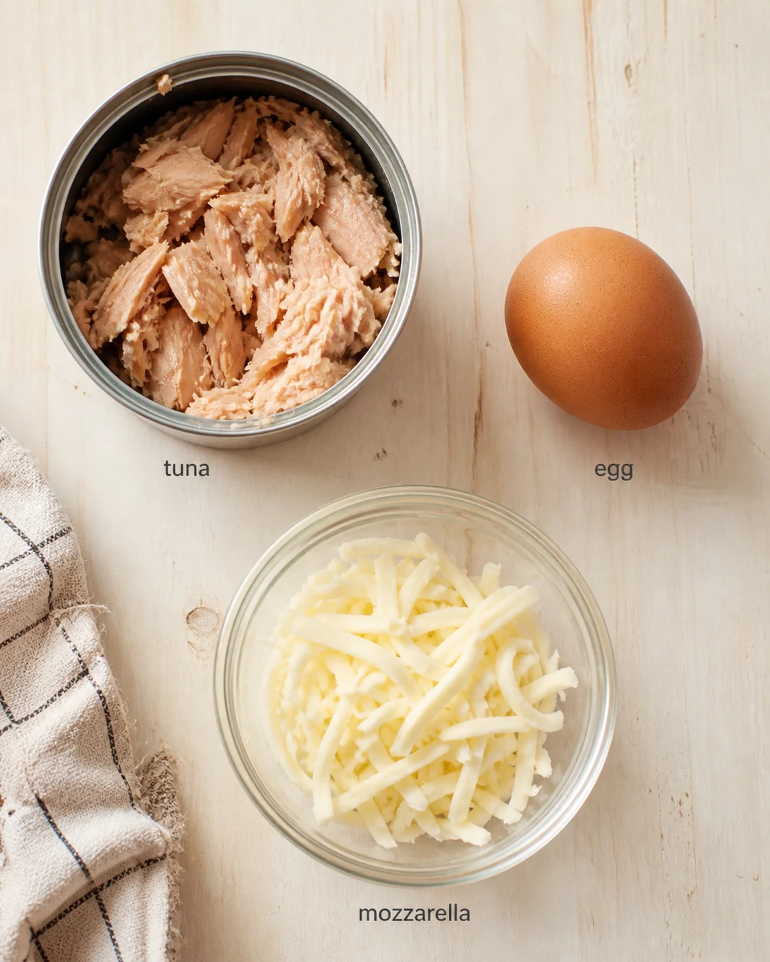 top-down view of tuna can, a brown egg, and shredded mozzarella on a wooden surface.