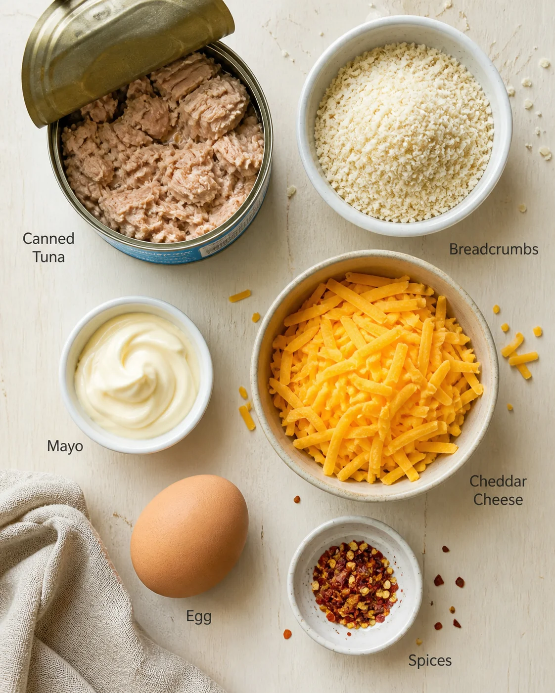 Overhead view of tuna, breadcrumbs, mayo, cheddar, egg, and spices arranged for a recipe.