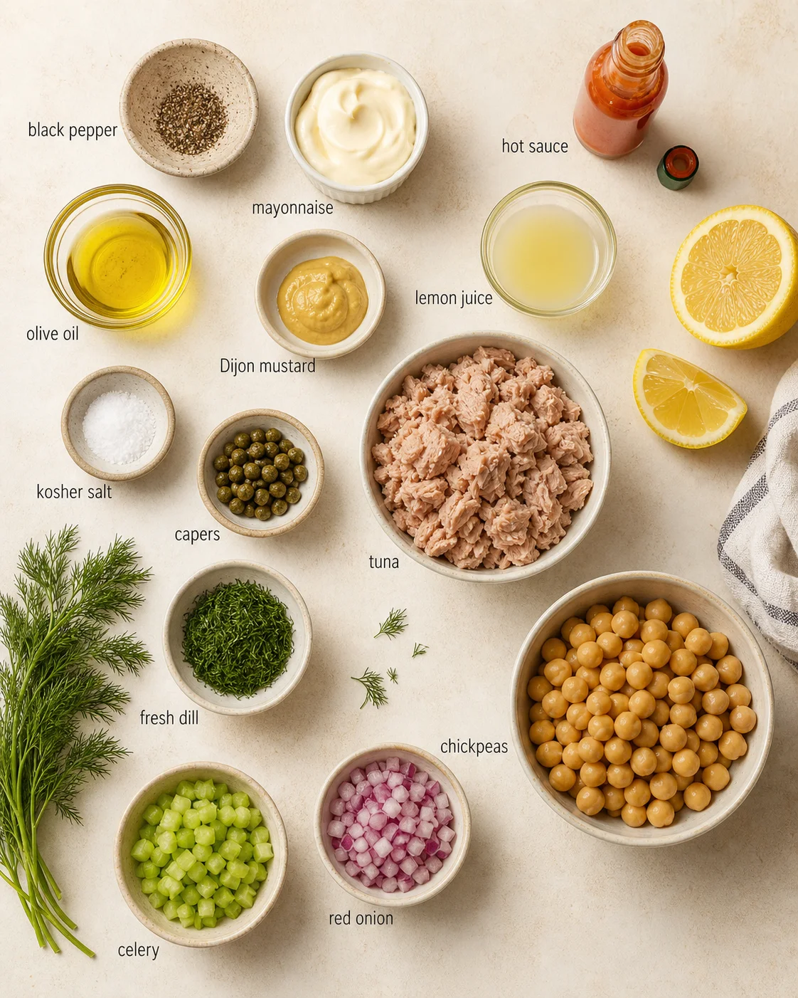 Overhead view of labeled bowls of tuna, chickpeas, vegetables, and condiments for a tuna salad.