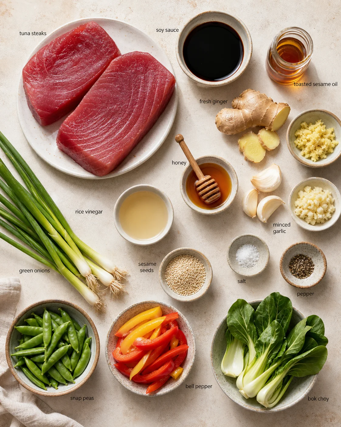 Overhead shot of tuna steaks with assorted ingredients arranged on a light countertop.