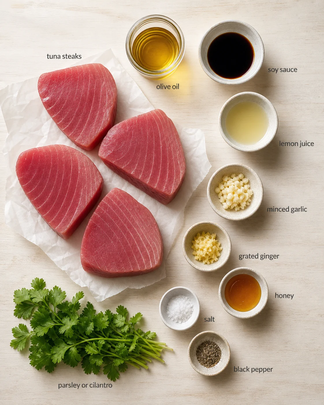 Raw tuna steaks with olive oil, soy sauce, lemon juice, minced garlic, ginger, and herbs on a light wooden board.
