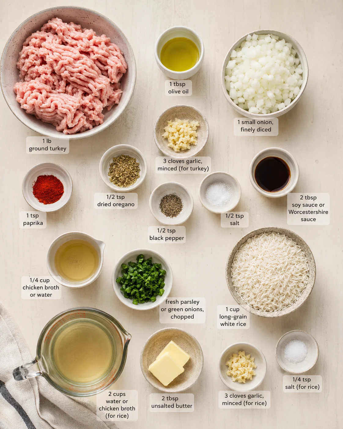 Overhead view of ground turkey and ingredients arranged in bowls for turkey fried rice.