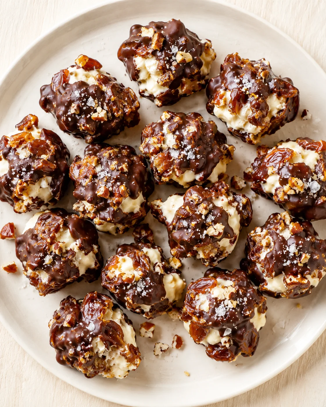 Round bite-sized truffles with dark chocolate coating and creamy centers, topped with chopped nuts on a light plate