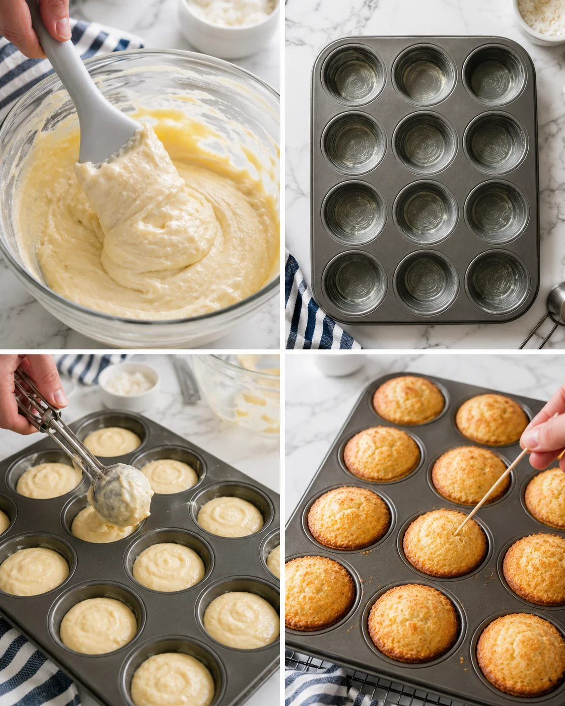 Four-panel collage showing batter being mixed, batter filled into muffin cups, and golden vanilla muffins.