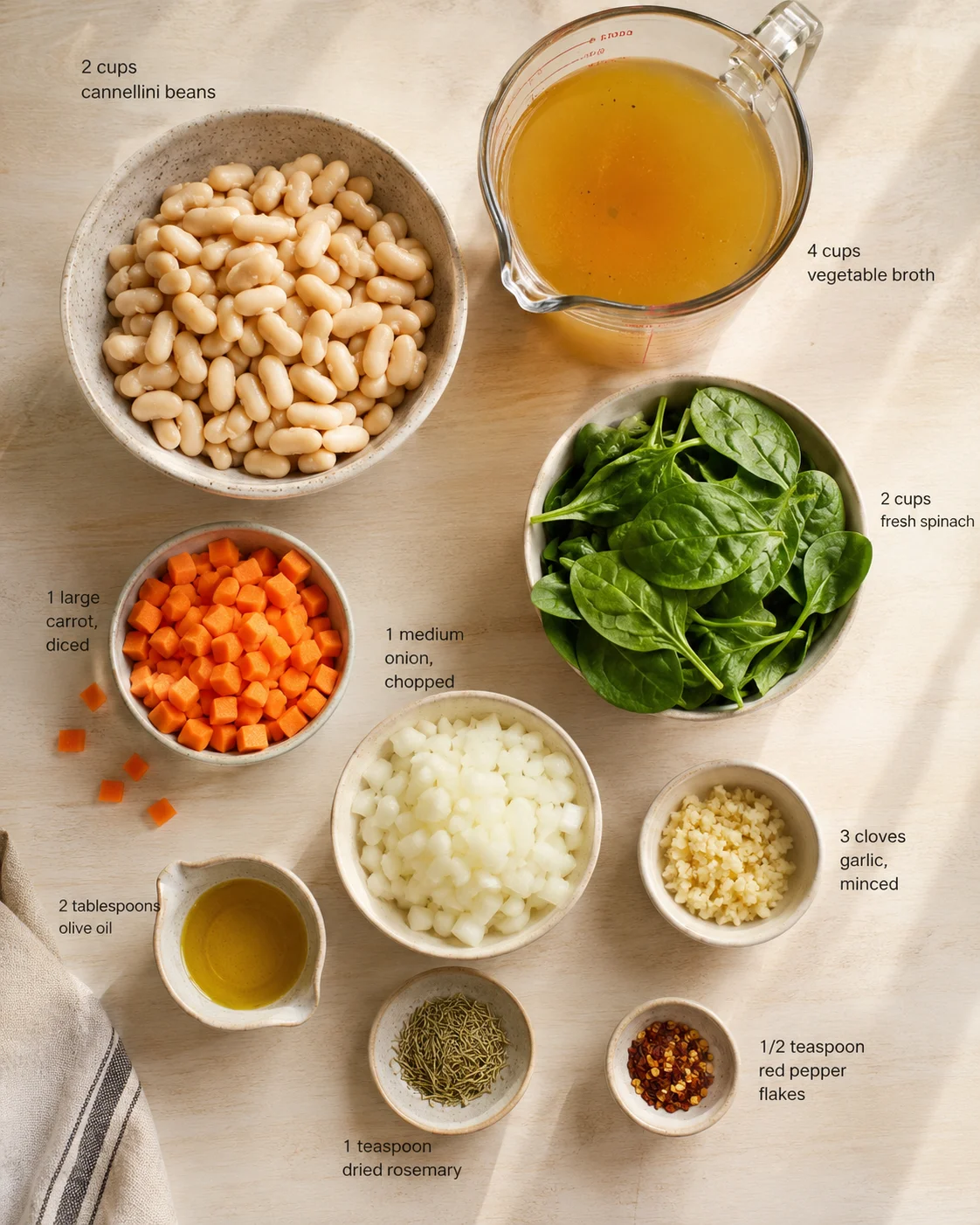 Overhead view of soup ingredients: cannellini beans, vegetable broth, spinach, carrots, onions, garlic, and herbs.