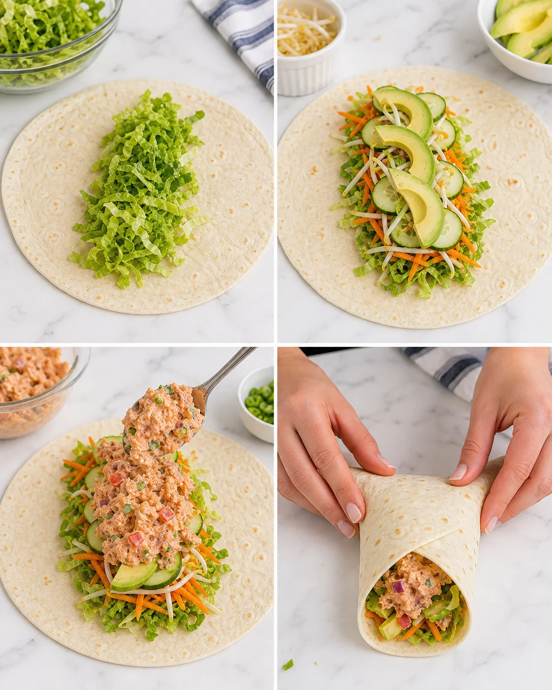 collage showing steps to assemble a veggie tuna wrap with lettuce, cucumber, avocado, and carrot