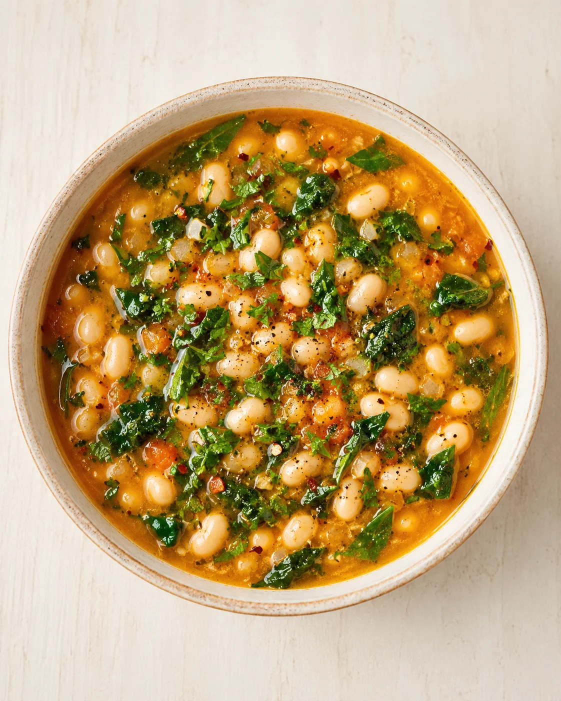 bowl of white bean soup with parsley and red pepper flakes
